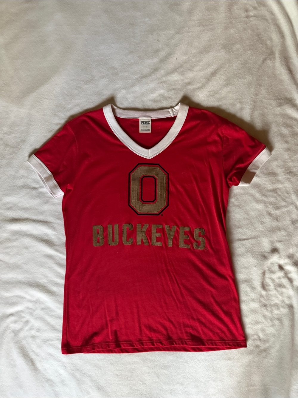 PINK Victoria's Secret Red Buckeyes V-Neck Tee with White Trim